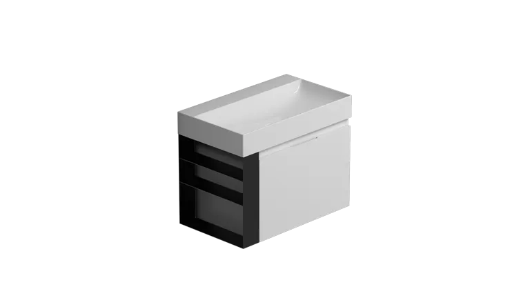 plain base 80.47 h50 cm, with two drawers, open shelving reversible in black matt steel, complete with space-saving
