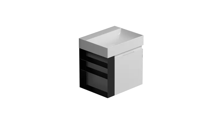 plain base 60.47 h50 cm, with two drawers, open shelving reversible in black matt steel, complete with space-saving
