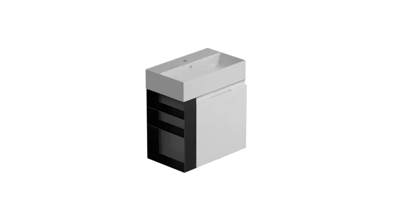 plain base 61.37 h52 cm, with two drawers, open shelving reversible in black matt steel, complete with space-saving