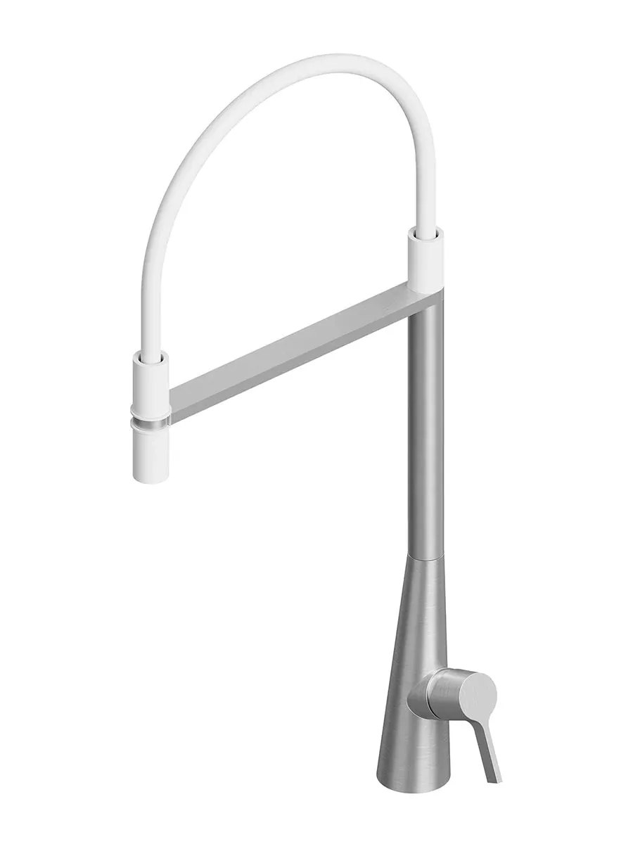 QuadroDesign kitchen inox kitchen sink mixer with swivel spout, white flexible hose and connection with a magnet