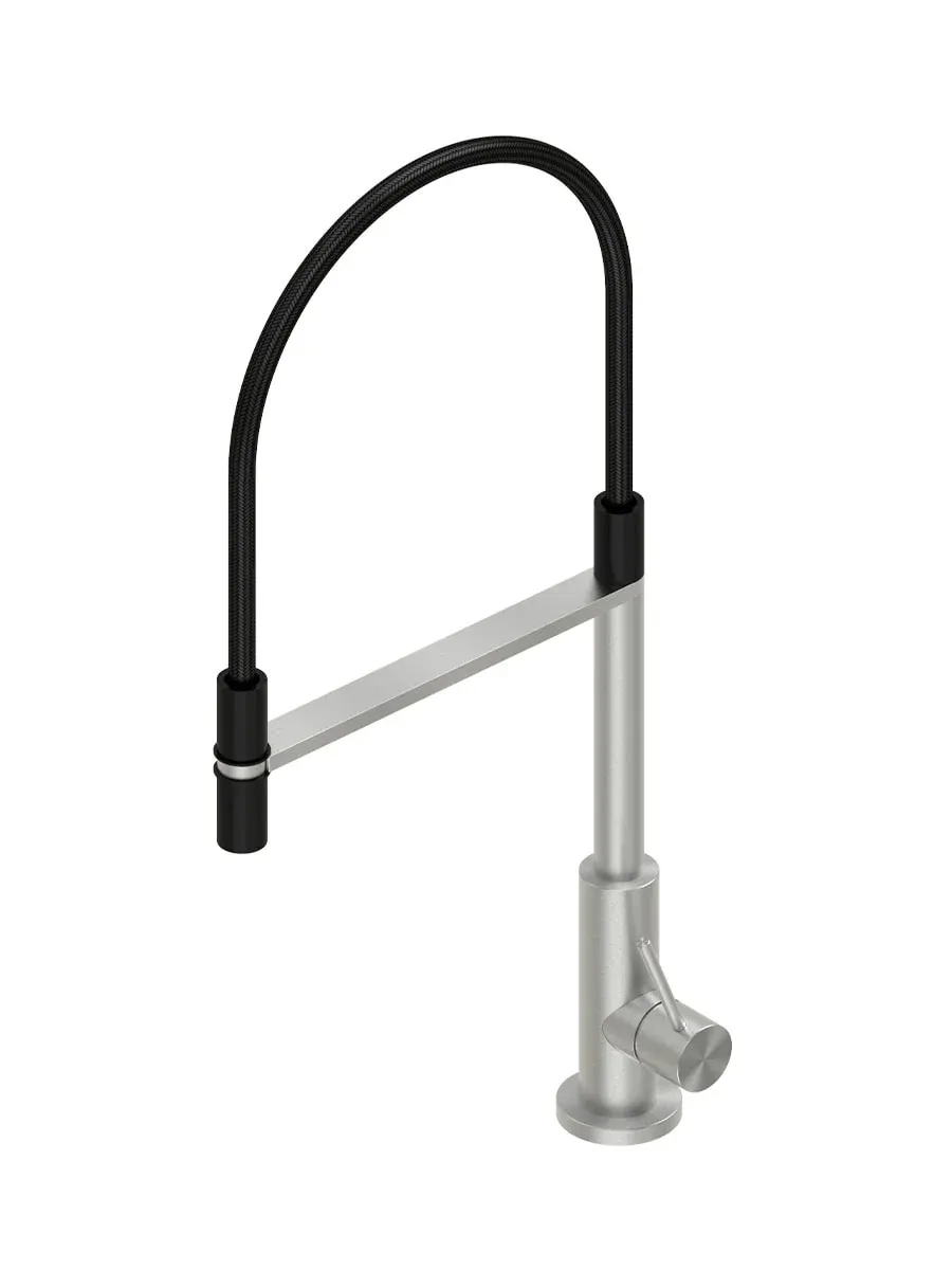 QuadroDesign kitchen inox kitchen sink mixer with swivel spout, black flexible hose, connection with magnet