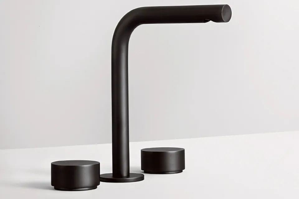matt black three-hole basin mixer with a right-angled spout